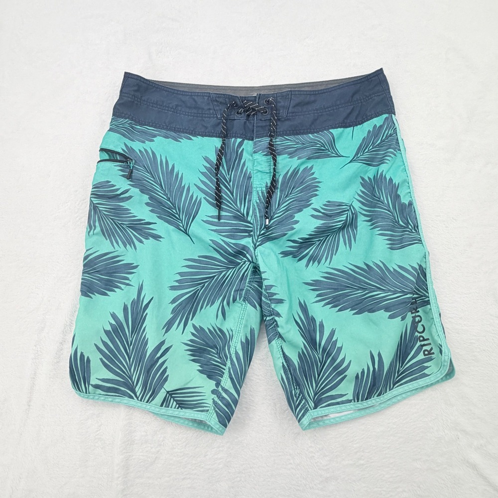 Rip Curl Board Shorts Men's 38 Teal Palm Leaf Excellent Tropical Trunks - CBOUB7